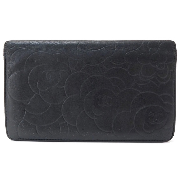 AUTH CHANEL Camellia Lambskin Long Wallet Black - Picture 3 of 11